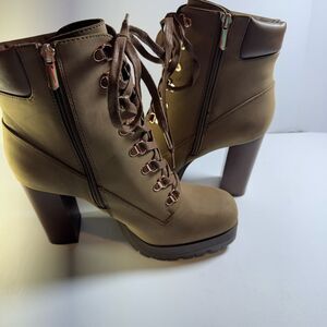 Limelight Women Olive Tan Lace Up Platform Ankle Boots Chunky Block Heel 4 Inch